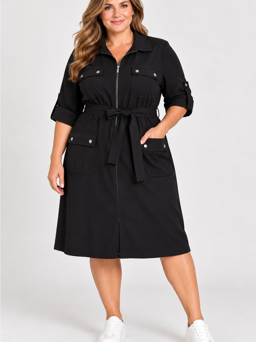 Black Utility Shirtdress Trench Coat with Belt